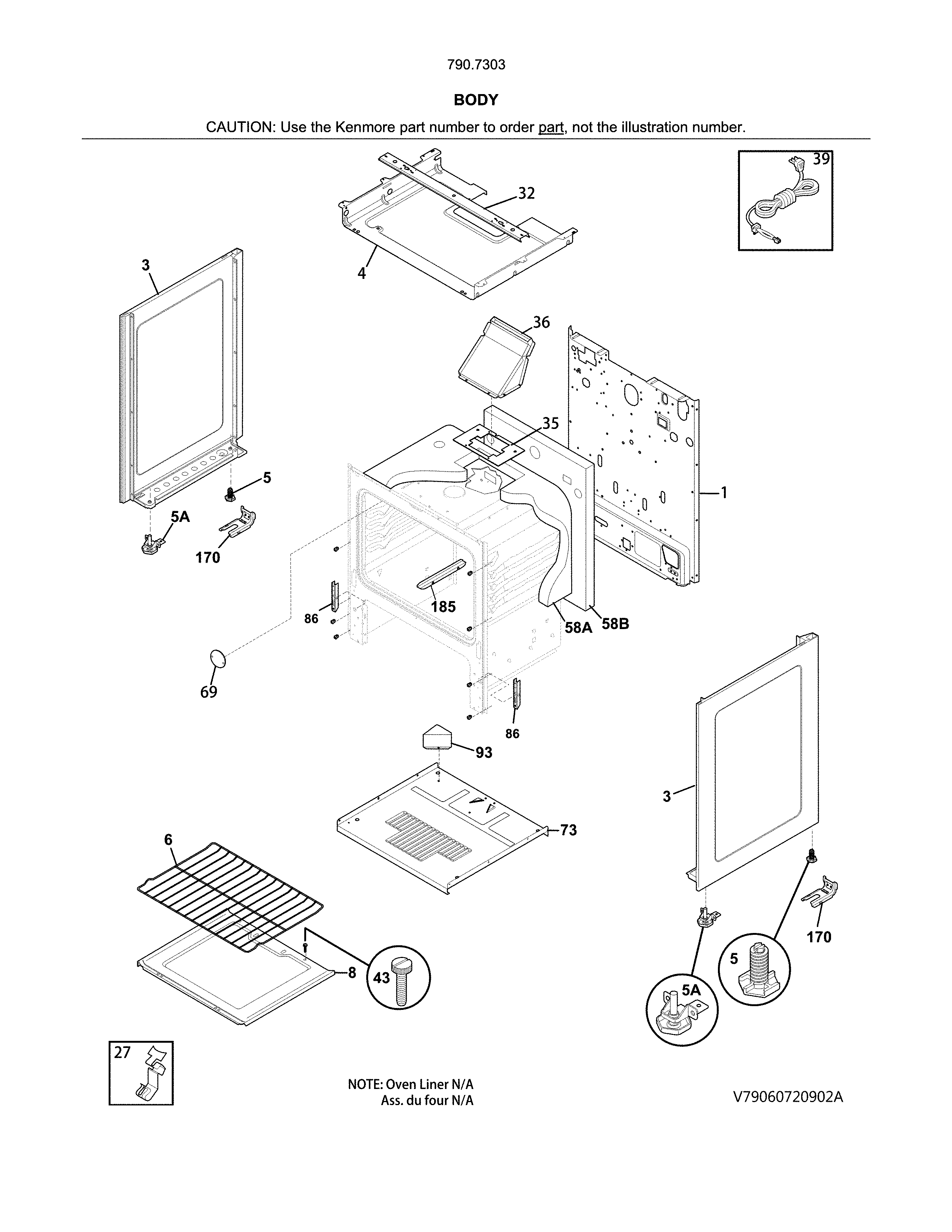 Body Diagram and Parts List for 79073032314  Kenmore Range
