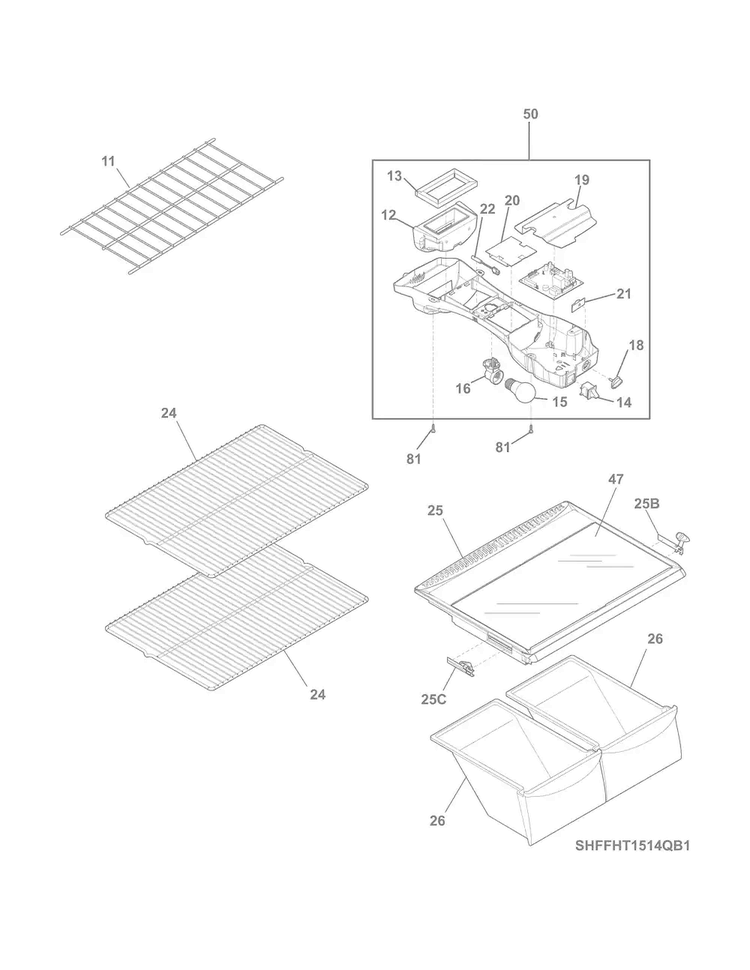 Shelves Diagram and Parts List for FFHT1514QB1  Frigidaire Refrigerator