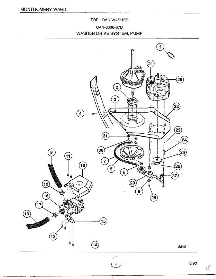 Washer Drive System/pump Diagram and Parts List for 6506-87D  Frigidaire Washer