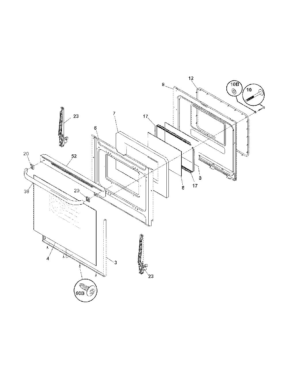 Door Diagram and Parts List for 79090939600  Kenmore Range