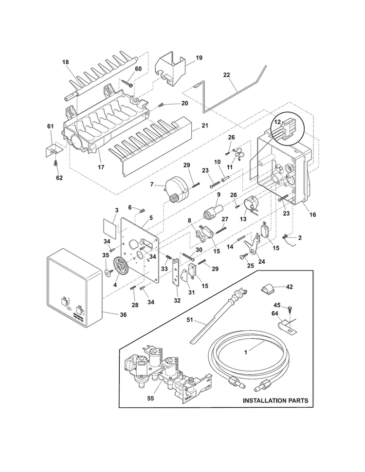 Ice Maker Diagram and Parts List for FFHS2612LSD  Frigidaire Refrigerator