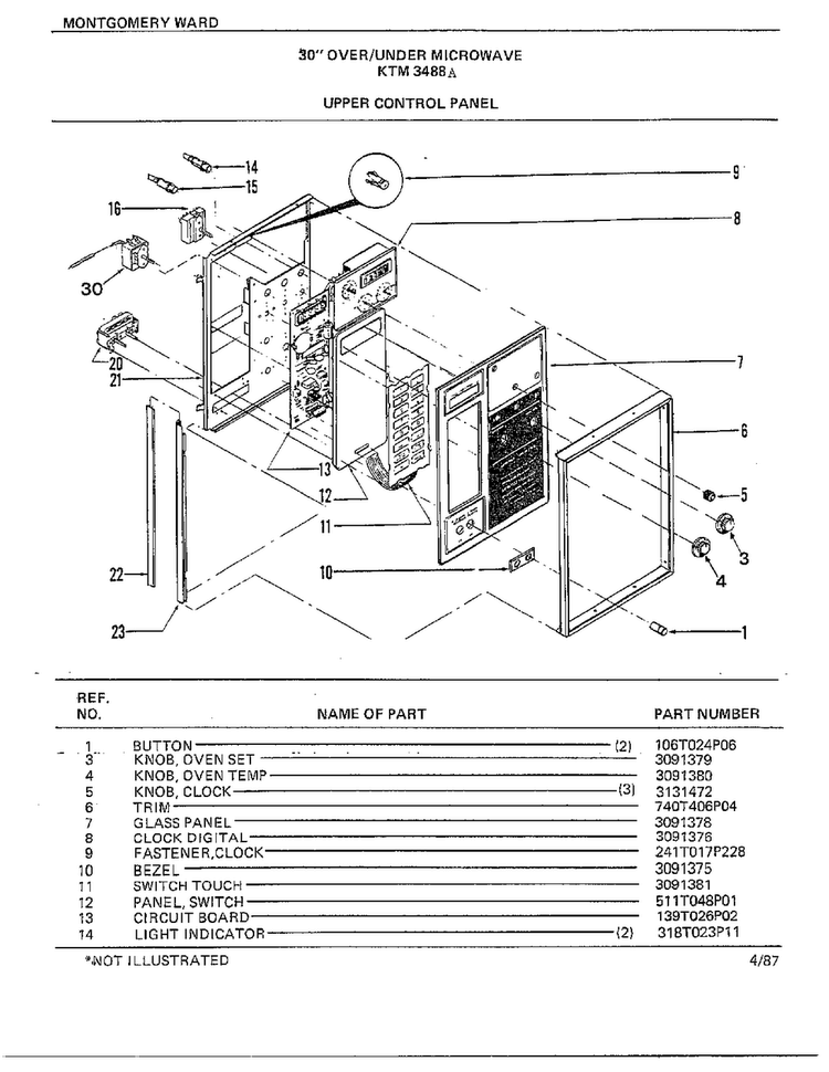 30" Over/under Upper Contrl Pnl Diagram and Parts List for 3488A  Frigidaire Range