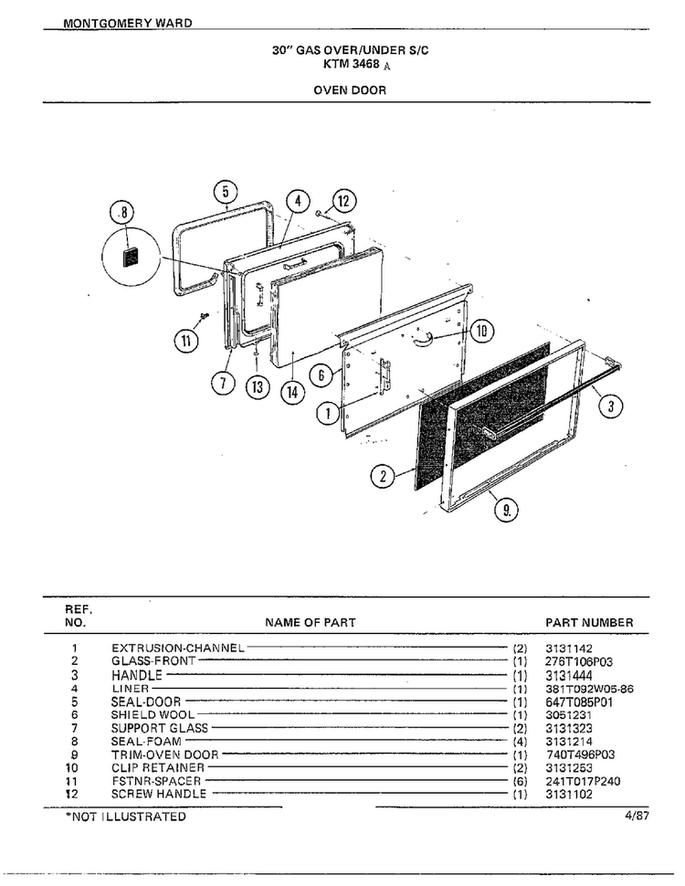 30" Gas Over/under Oven Door Diagram and Parts List for 3468A  Frigidaire Range