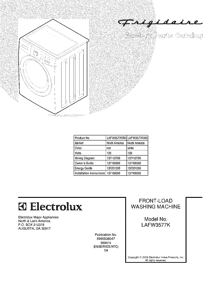 COVER Diagram and Parts List for LAFW3577KW0  Frigidaire Washer