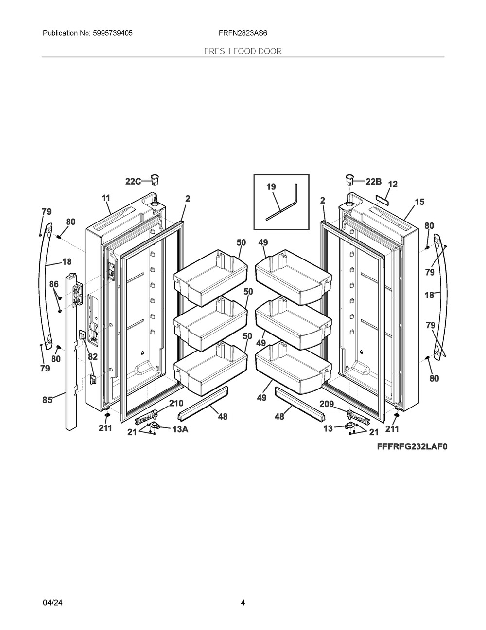 Fresh Food Door Diagram and Parts List for FRFN2823AS6  Frigidaire Refrigerator