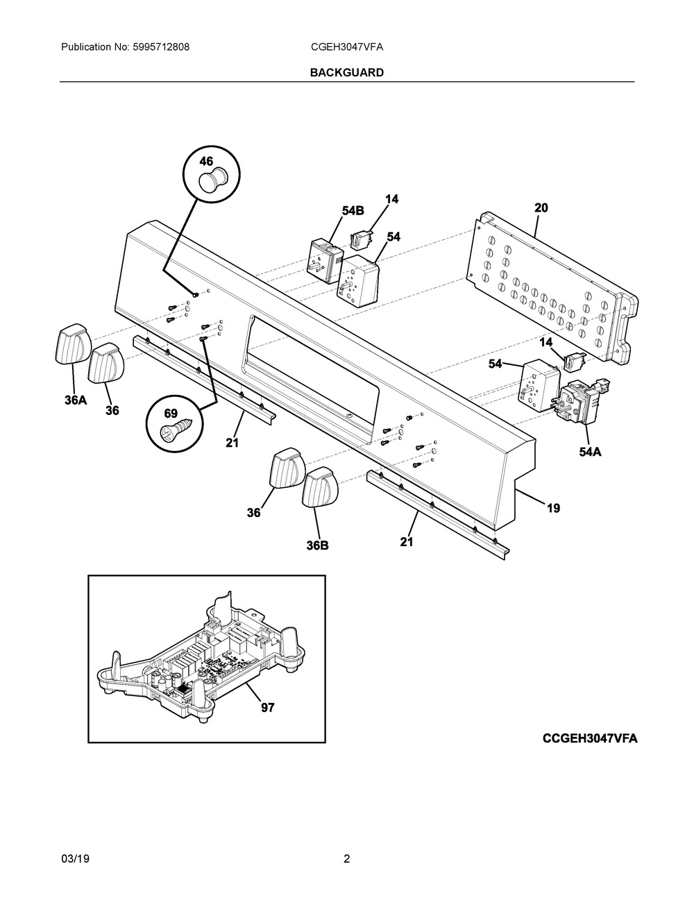 Backguard Diagram and Parts List for CGEH3047VFA  Frigidaire Range