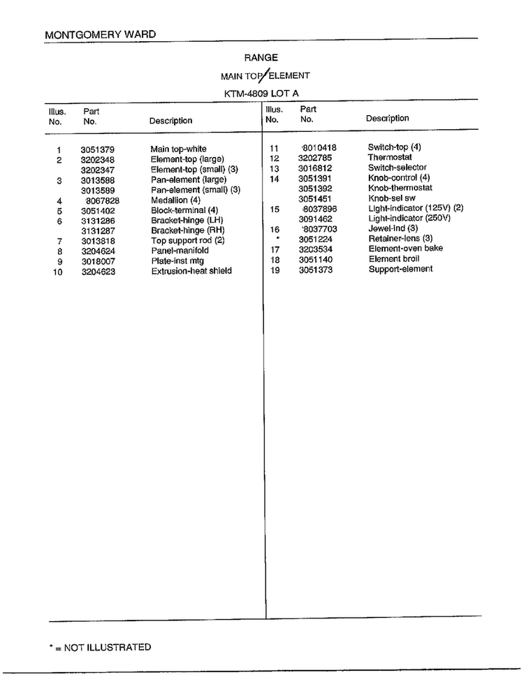 Range/ Main Top Element Page 2 Diagram and Parts List for 4809A  Frigidaire Range