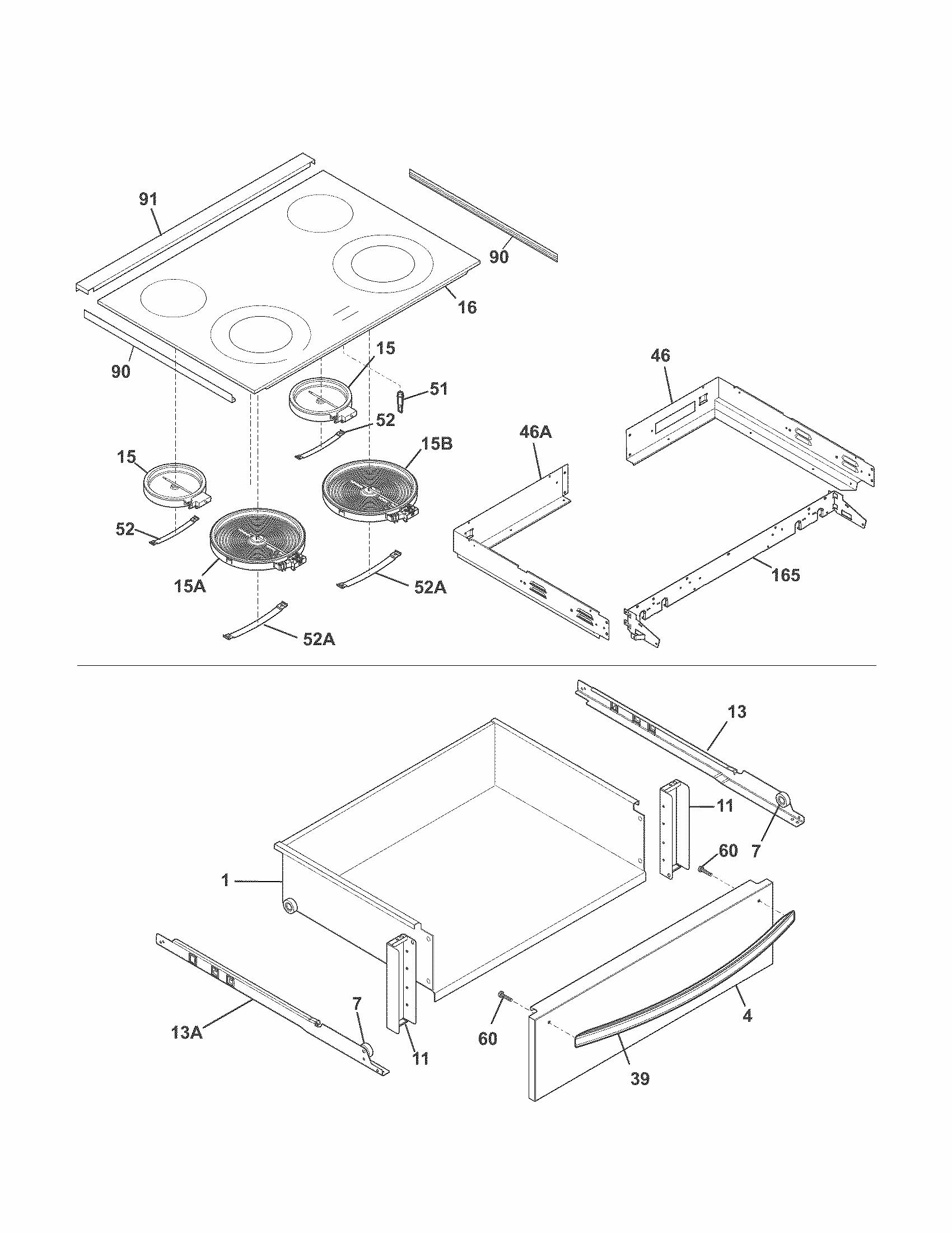 Top/drawer Diagram and Parts List for 79042533310  Kenmore Range
