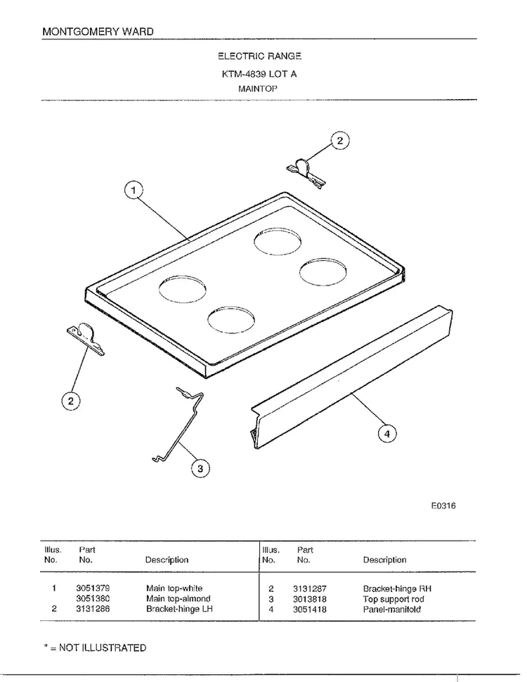 Maintop Diagram and Parts List for 4839A  Frigidaire Range