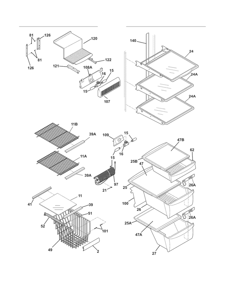 Shelves Diagram and Parts List for FGHC2335LE3  Frigidaire Refrigerator