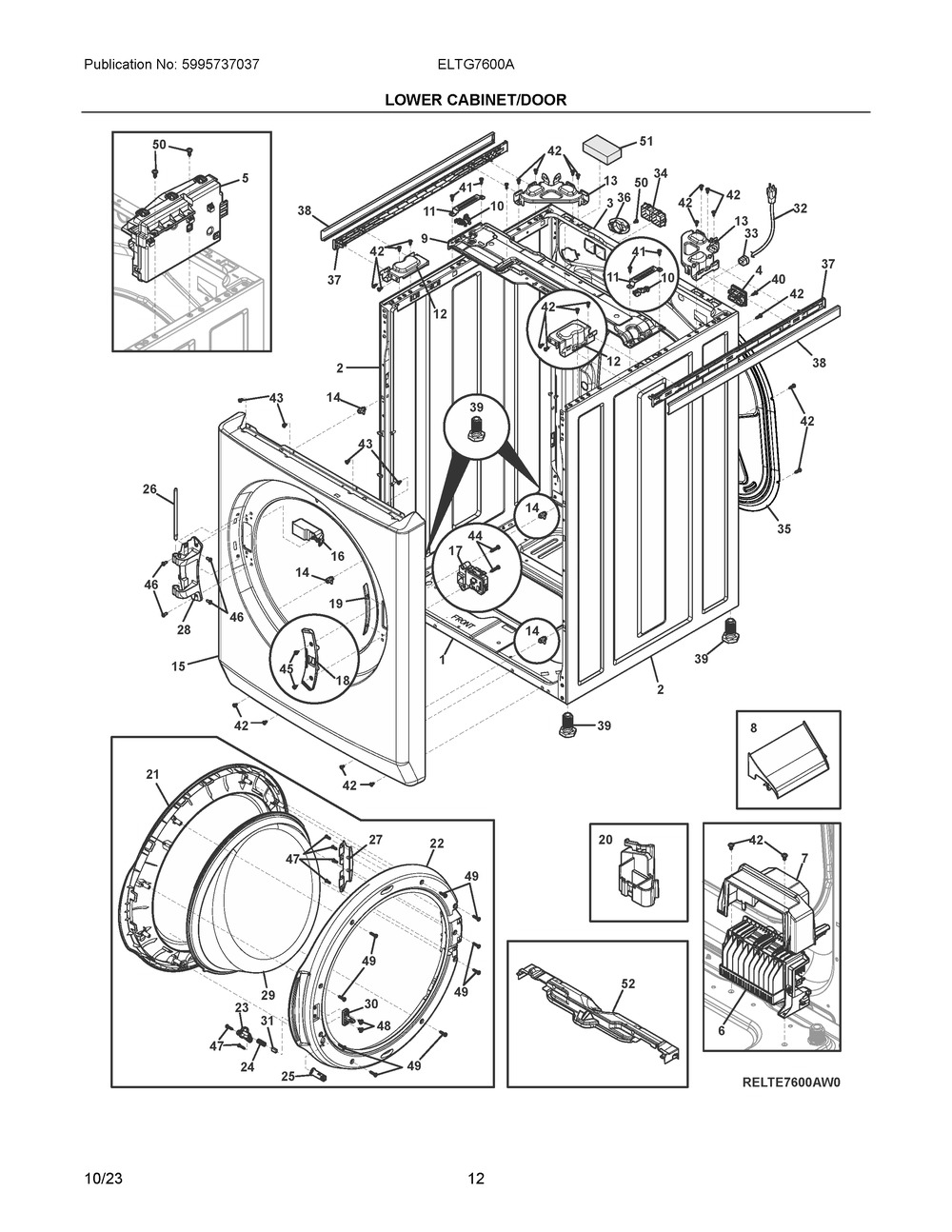 Lower Cabinet/Door Diagram and Parts List for ELTG7600AT0  Frigidaire Washer Dryer Combo