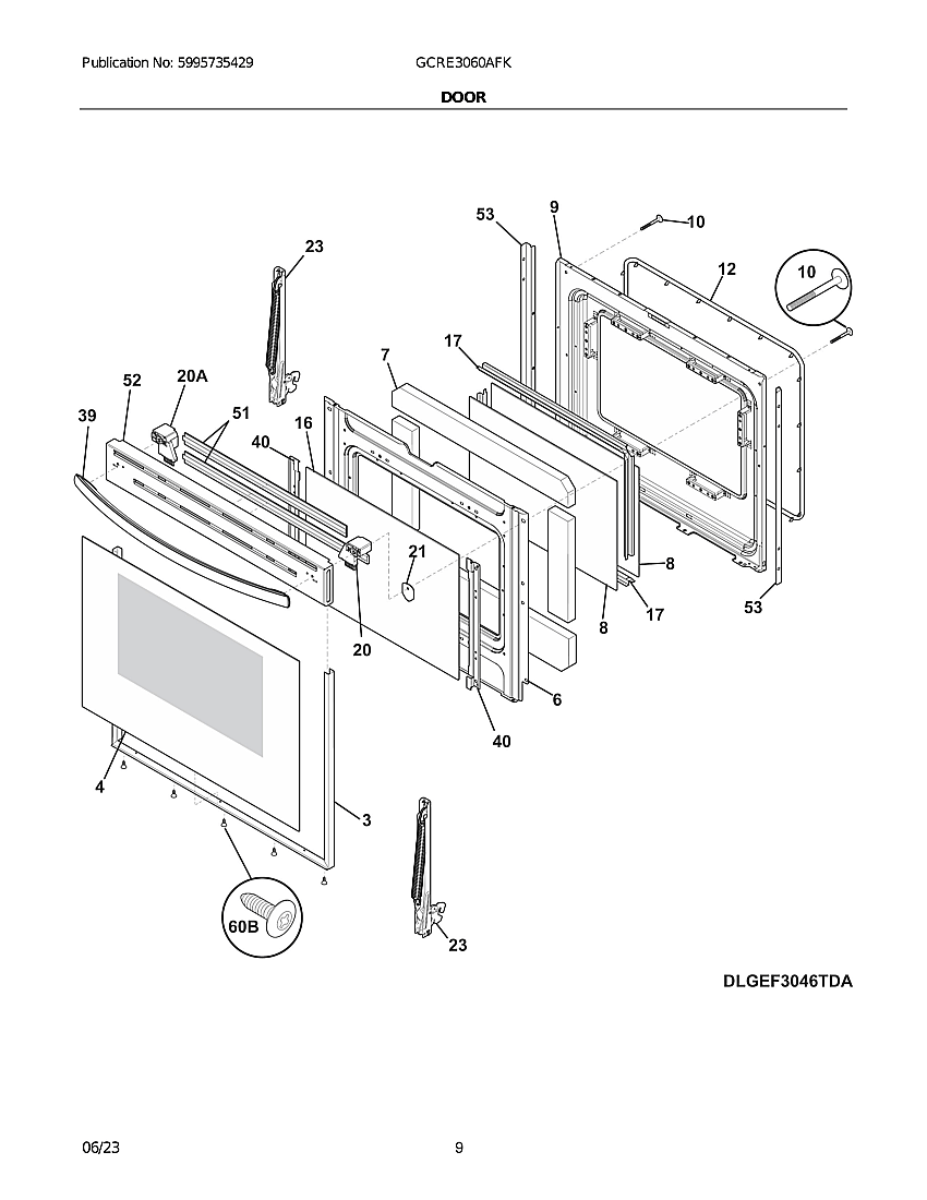 Door Diagram and Parts List for GCRE3060AFK  Electrolux Range