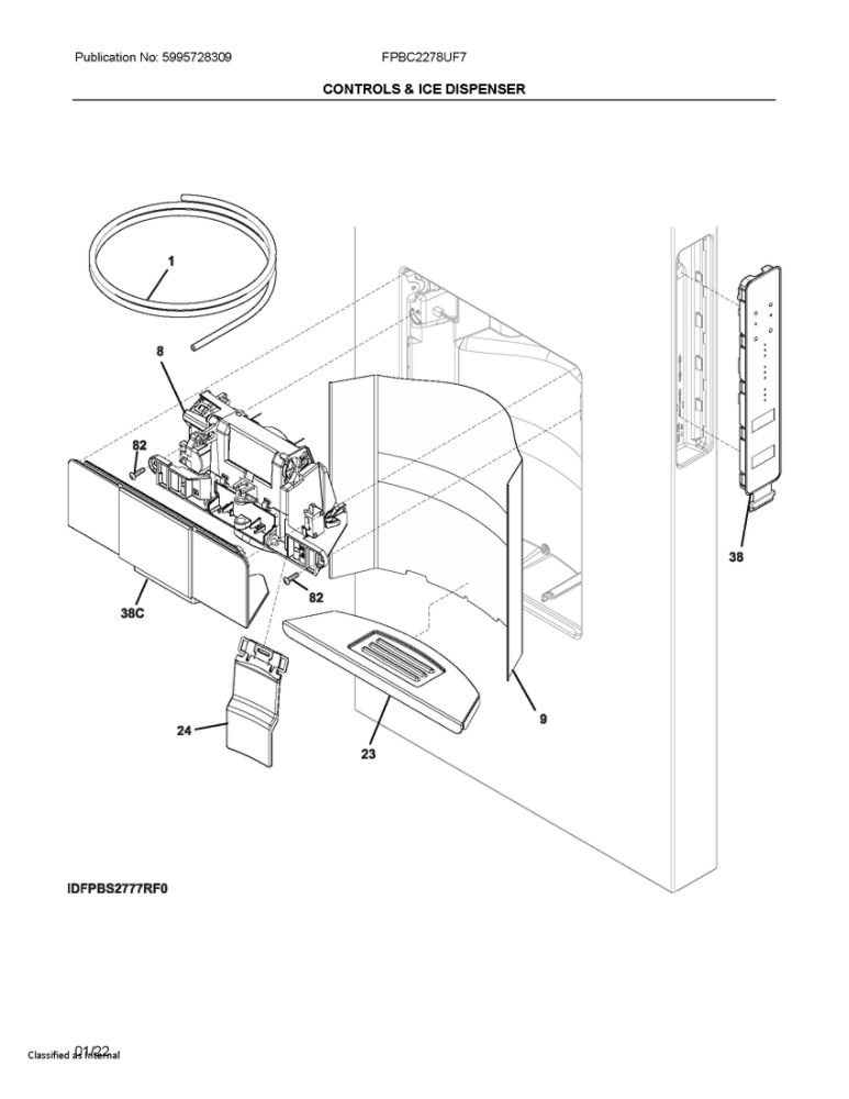 Controls And Ice Dispenser Diagram and Parts List for FPBC2278UF7  Frigidaire Refrigerator