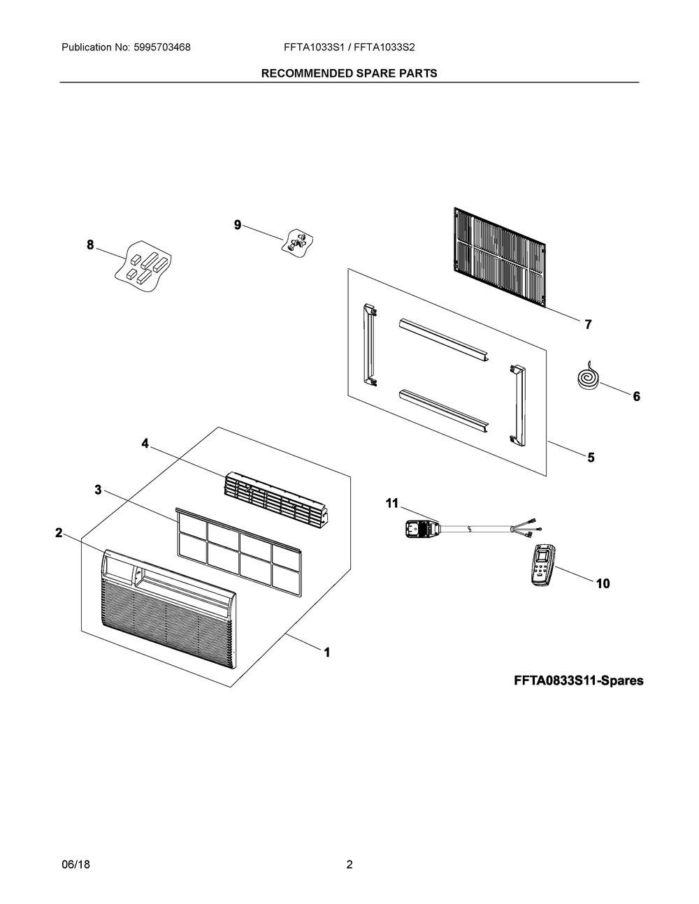 Recommended Spare Parts Diagram and Parts List for FFTA1033S22  Frigidaire Air Conditioner