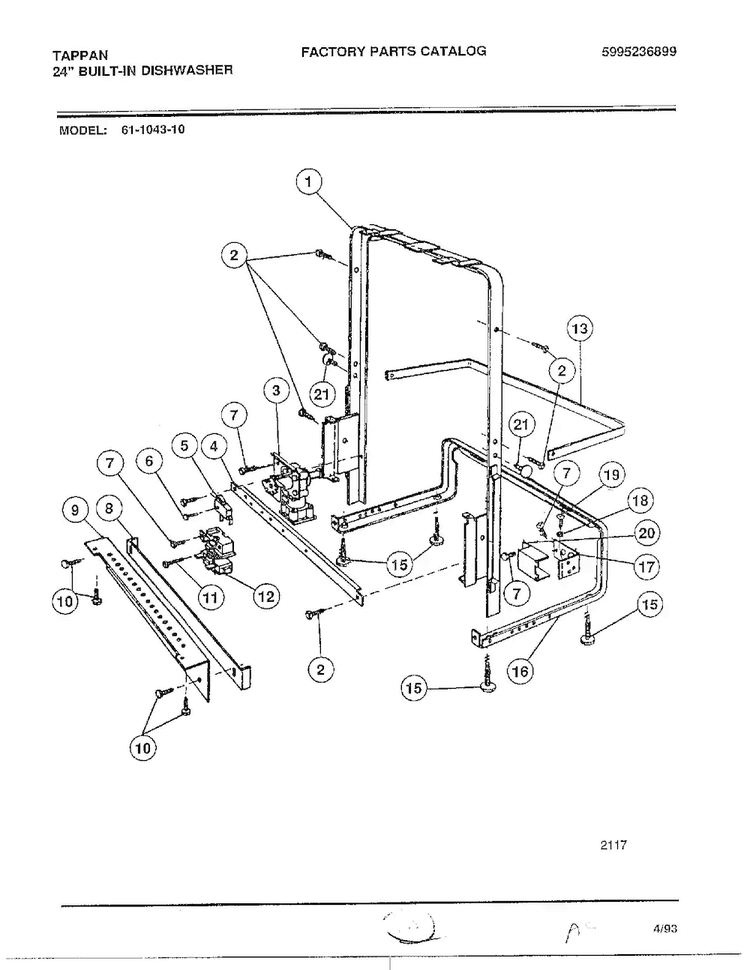 Front Frame Assy Diagram and Parts List for 61-1043-10  Frigidaire Dishwasher