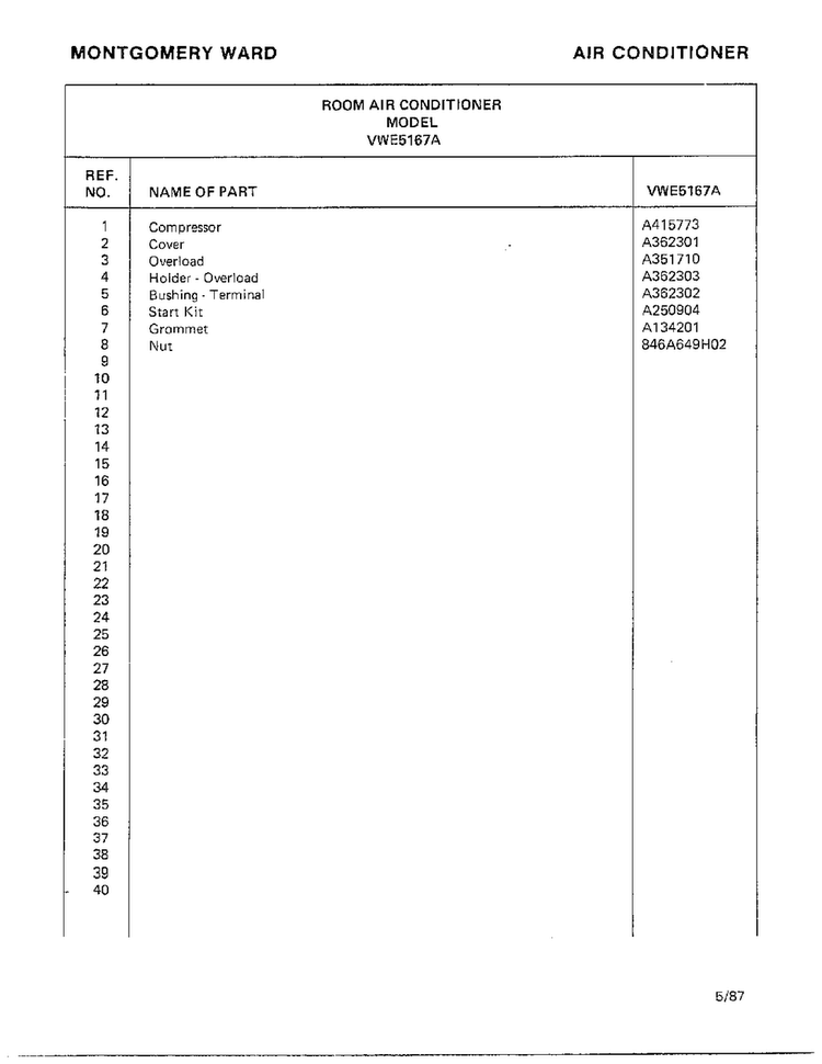 Air Conditioner Page 8 Diagram and Parts List for 5167A  Frigidaire Air Conditioner