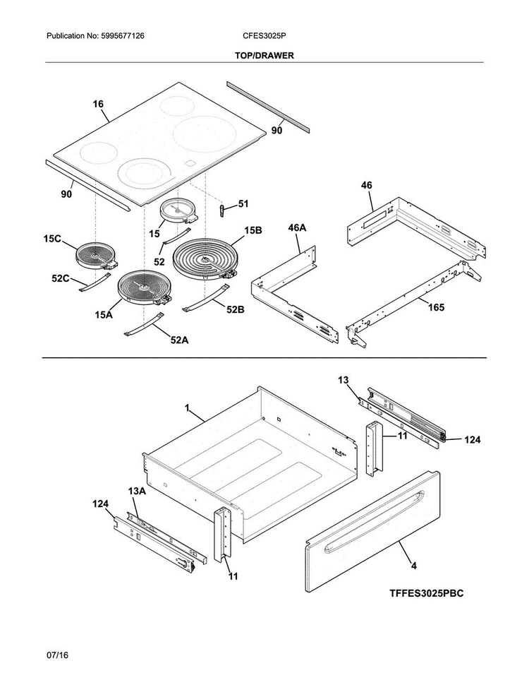 Top/drawer Diagram and Parts List for CFES3025PBG  Frigidaire Range