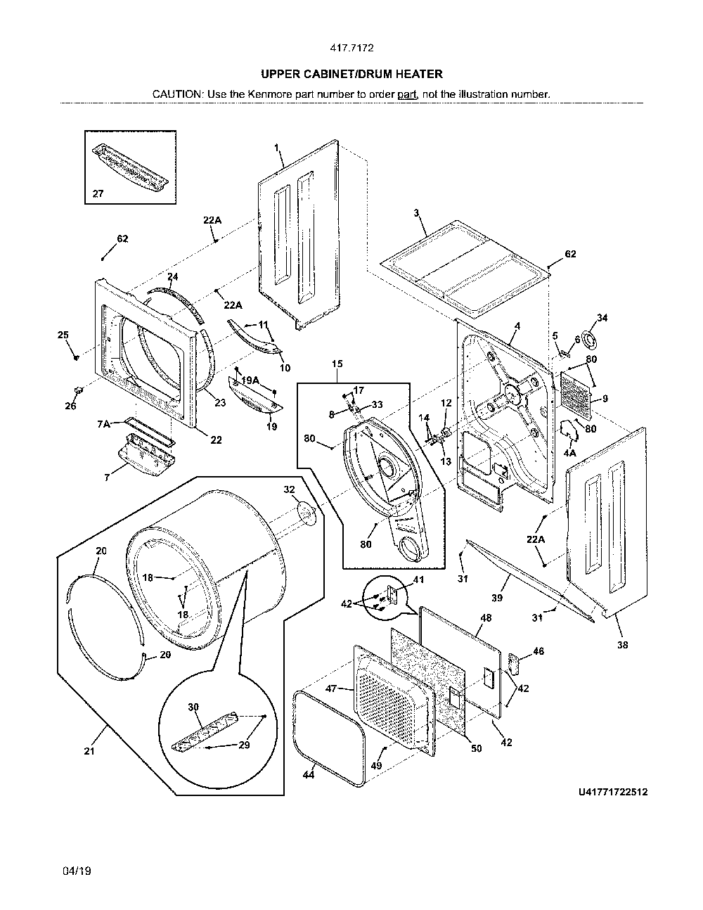 Upper cabinet/drum heater Diagram and Parts List for 41771723512  Kenmore Washer Dryer Combo