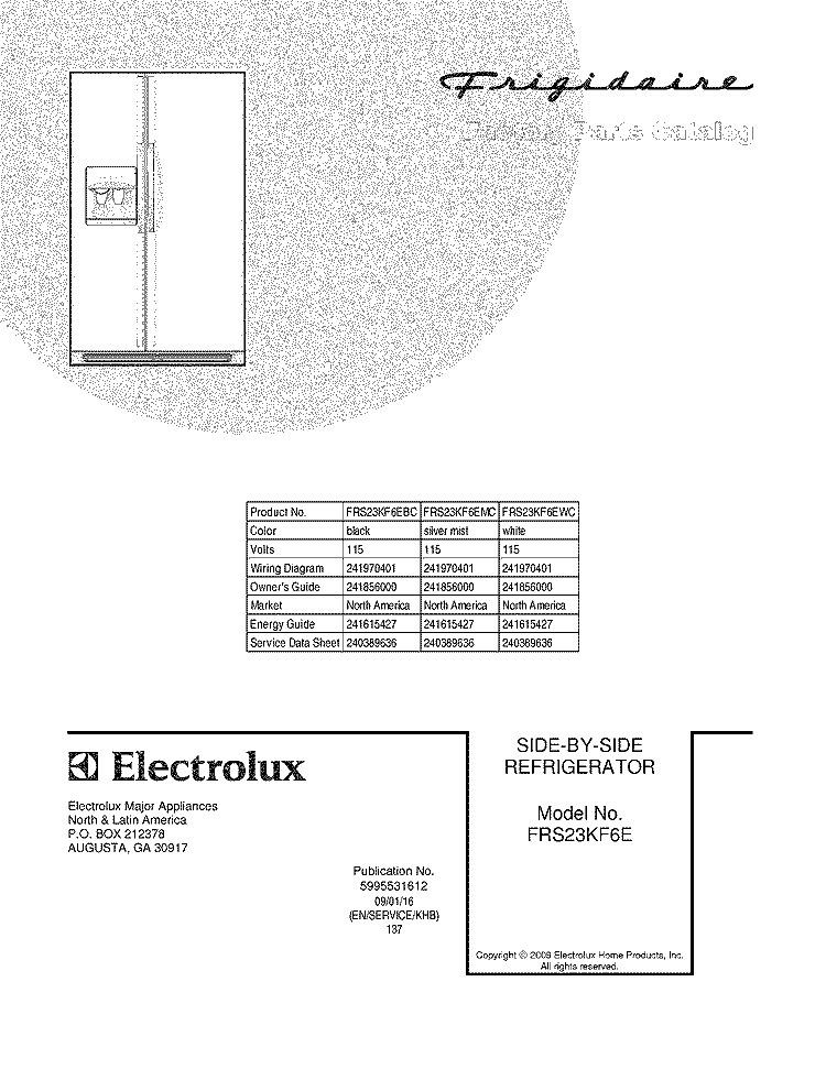 COVER Diagram and Parts List for FRS23KF6EMC  Frigidaire Refrigerator