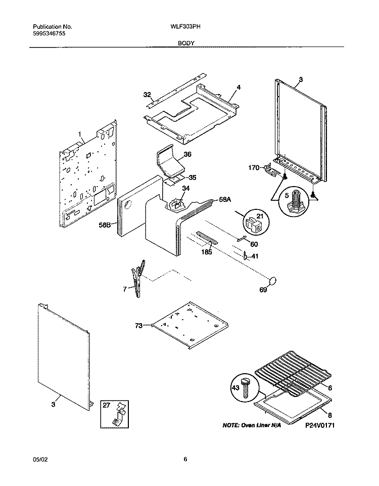 BODY Diagram and Parts List for WLF303PHDC  Westinghouse Range