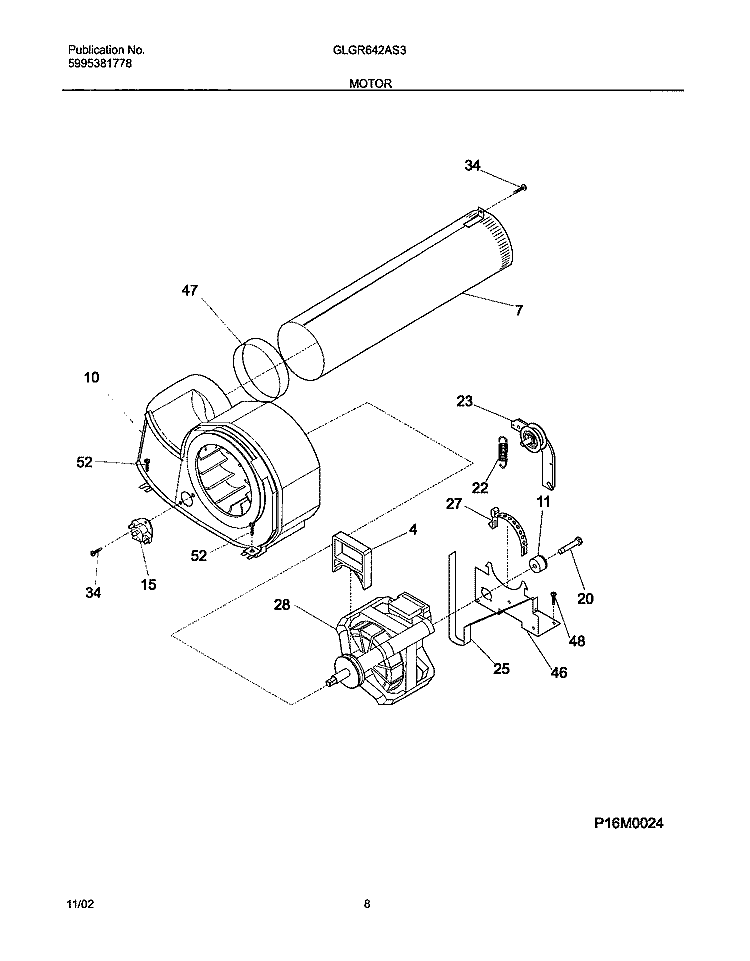 MOTOR Diagram and Parts List for GLGR642AS3  Frigidaire Dryer