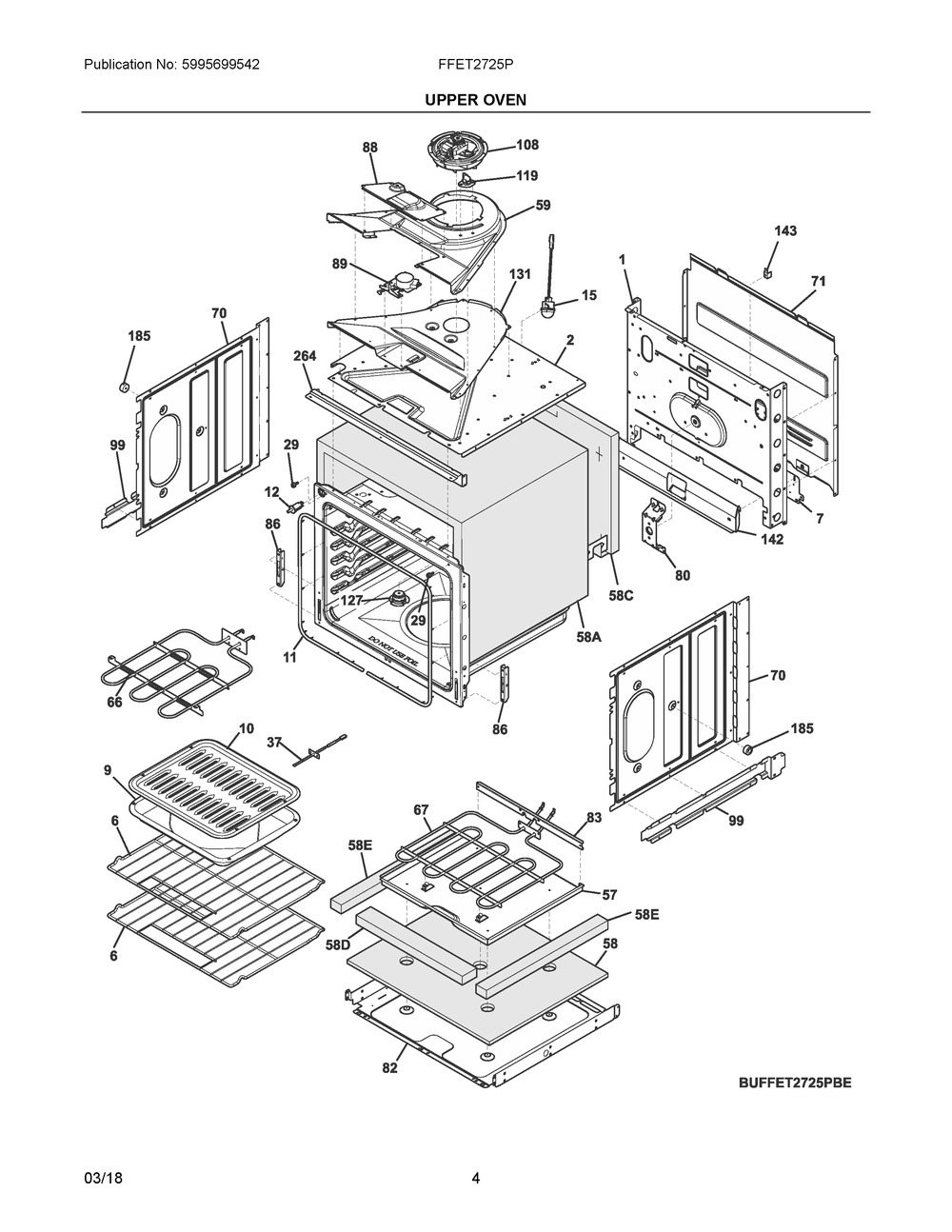 Upper Oven Diagram and Parts List for FFET2725PWE  Frigidaire Wall Oven