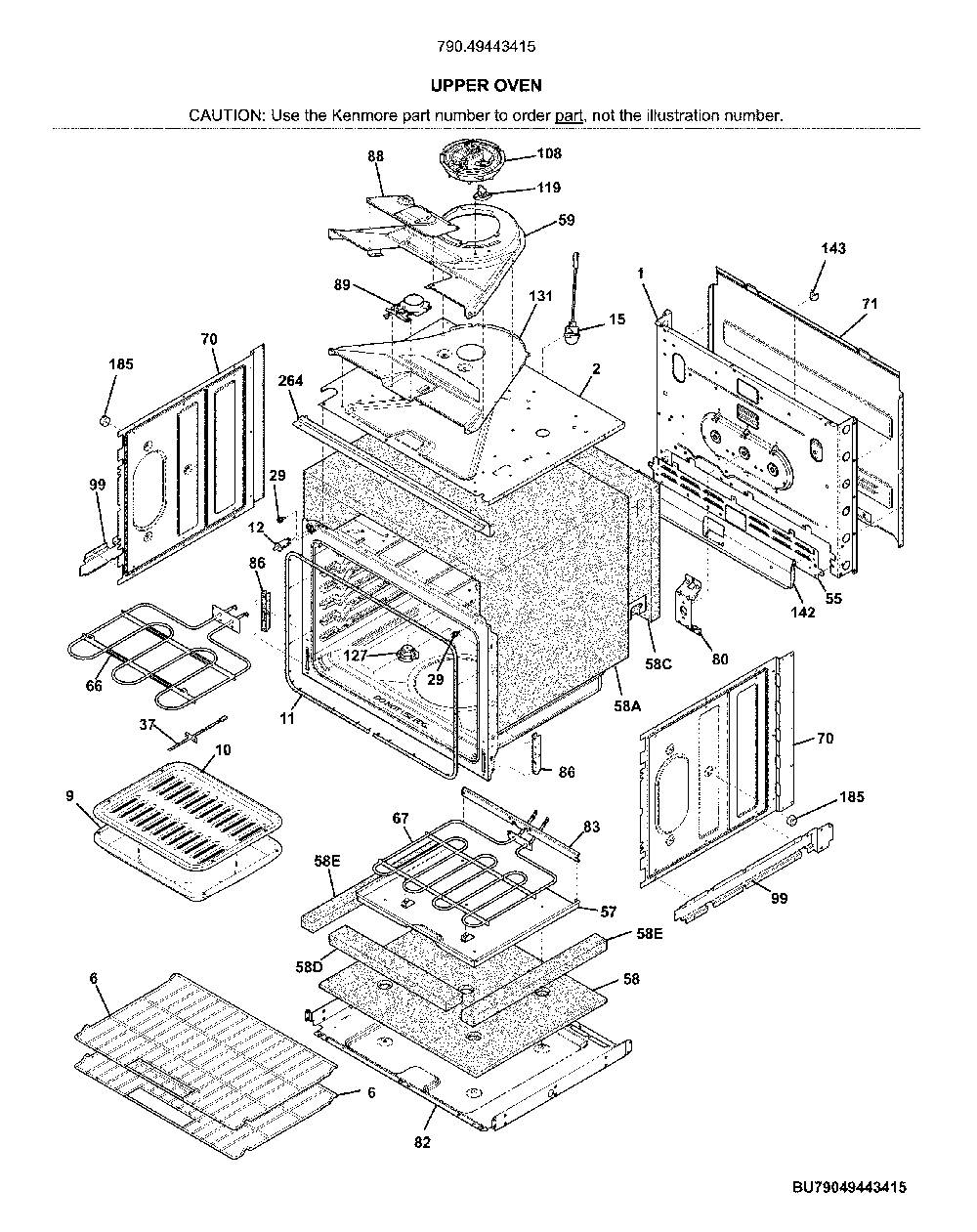 Upper oven Diagram and Parts List for 79049443415  Kenmore Wall Oven