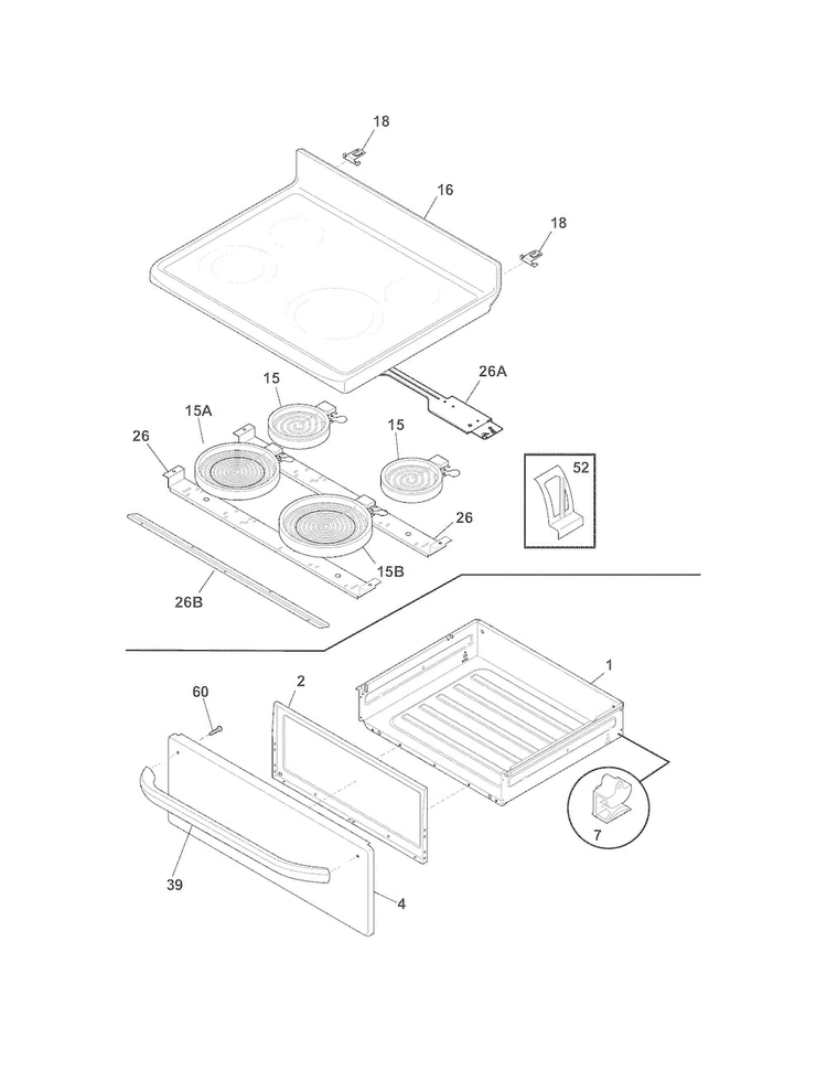 Top/drawer Diagram and Parts List for CFEF3019MSE  Frigidaire Range