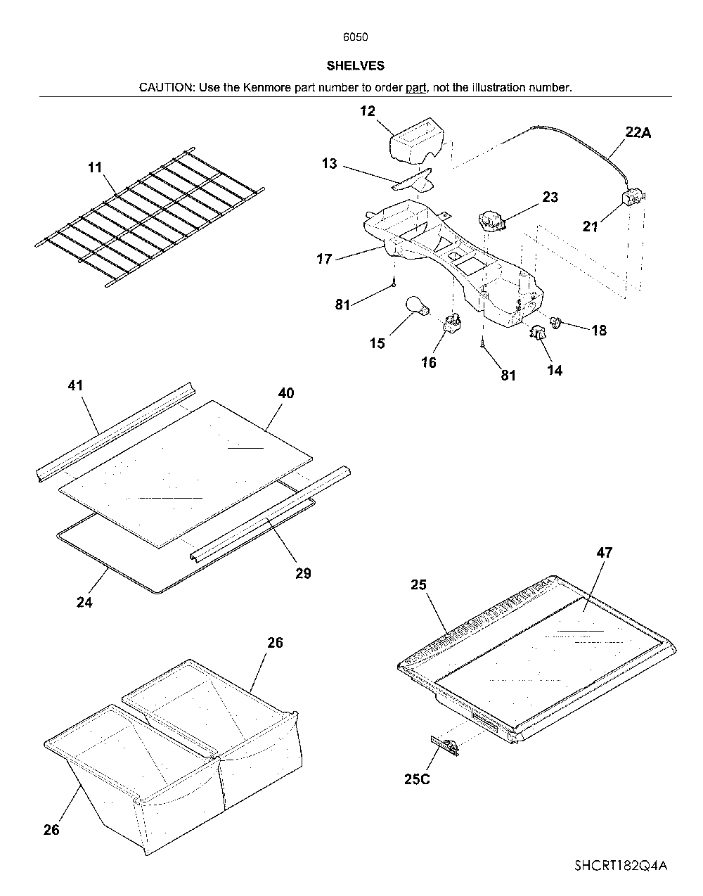 Shelves Diagram and Parts List for 25360509619  Kenmore Refrigerator