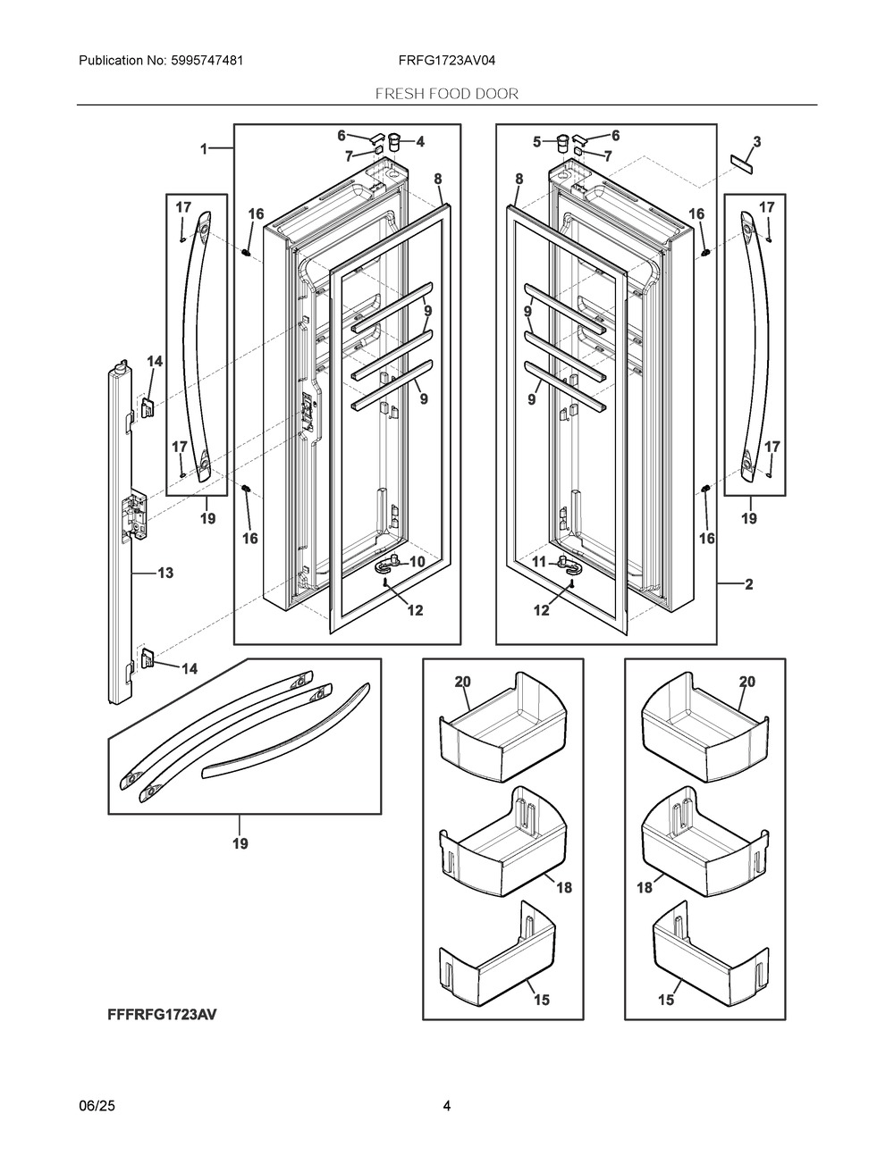 Fresh Food Door Diagram and Parts List for FRFG1723AV04  Frigidaire Refrigerator
