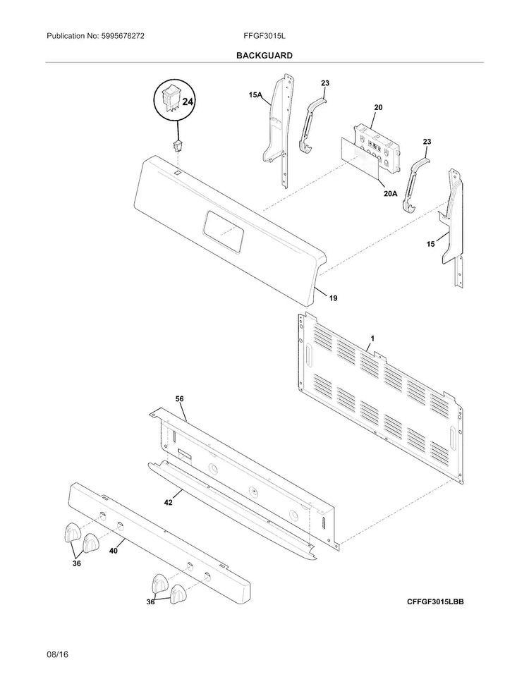 Backguard Diagram and Parts List for FFGF3015LBG  Frigidaire Range