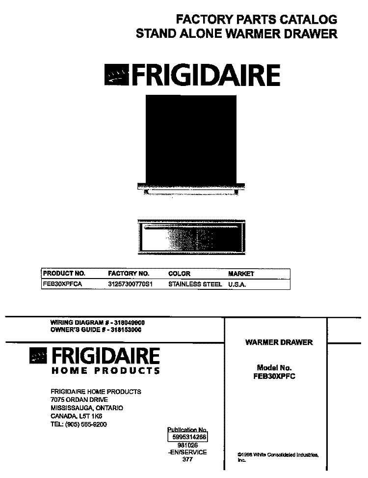 COVER Diagram and Parts List for FEB30XPFCA  Frigidaire Warming Drawer