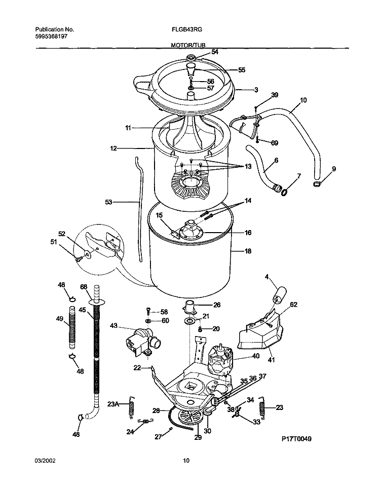 WSHR MTR, HOSE Diagram and Parts List for FLGB43RGS2  Frigidaire Washer Dryer Combo