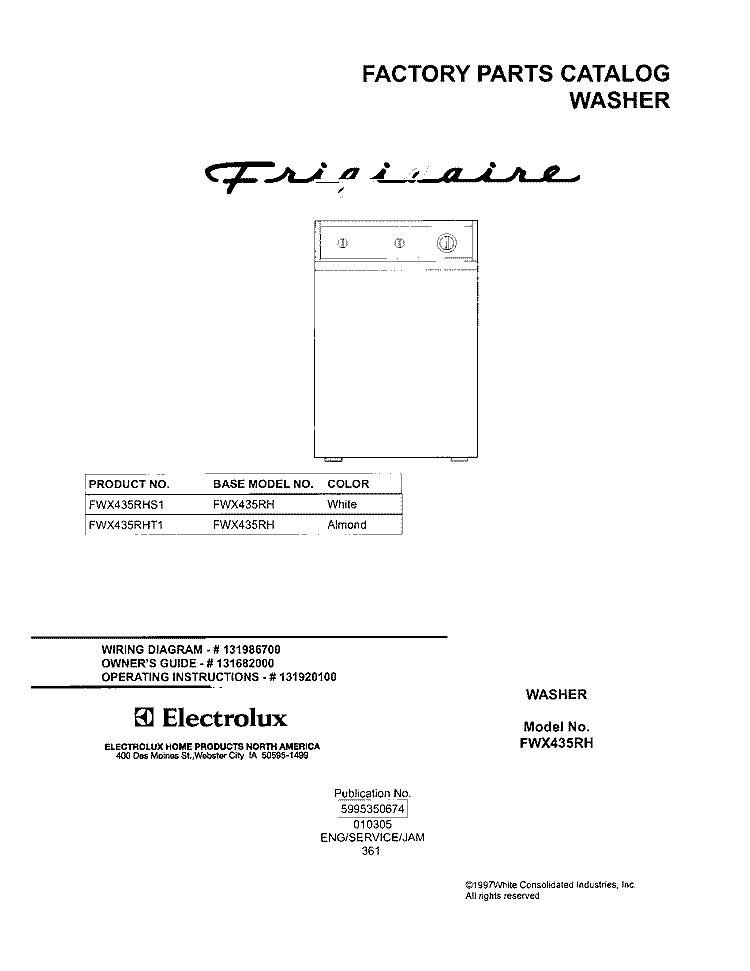 COVER Diagram and Parts List for FWX435RHS1  Frigidaire Washer