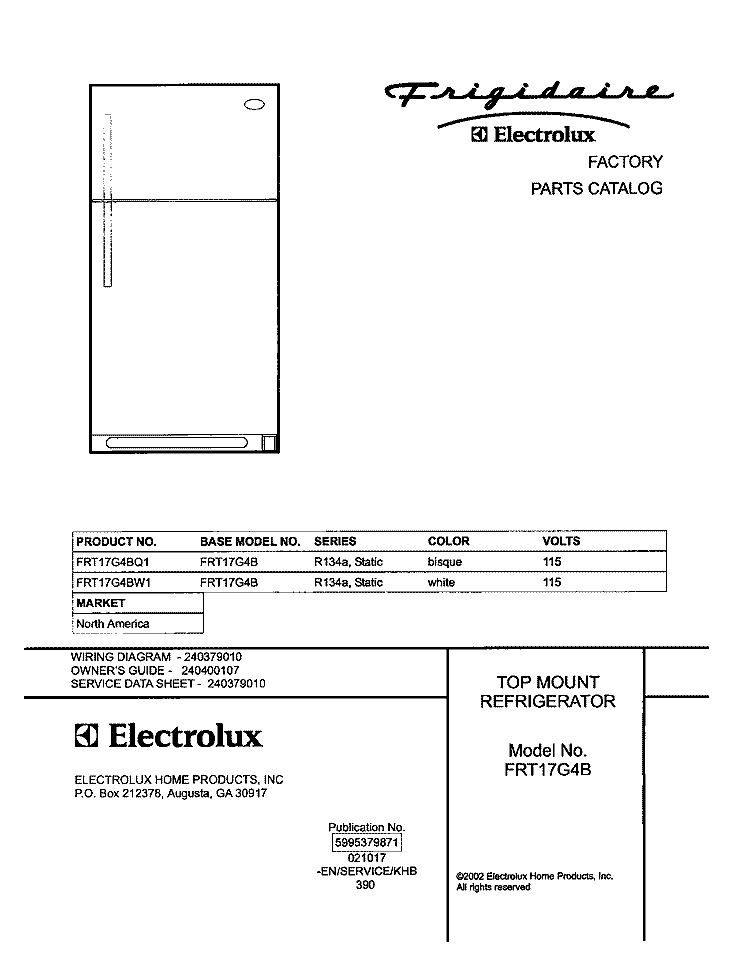 COVER Diagram and Parts List for FRT17G4BQ1  Frigidaire Refrigerator