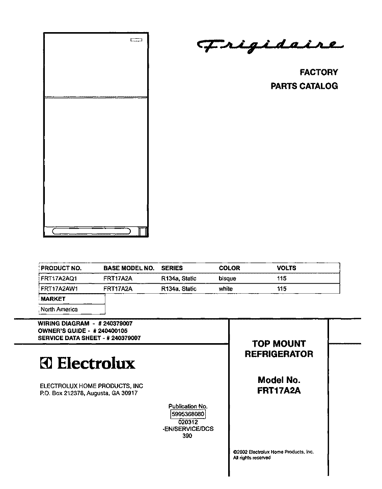 COVER Diagram and Parts List for FRT17A2AQ1  Frigidaire Refrigerator