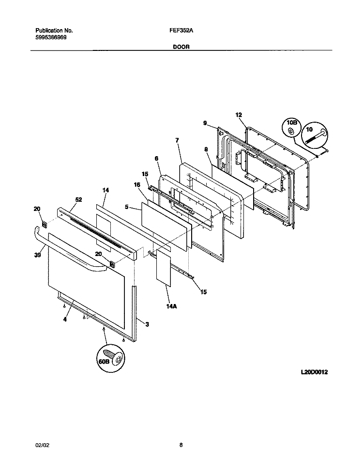 DOOR Diagram and Parts List for FEF352AUC  Frigidaire Range