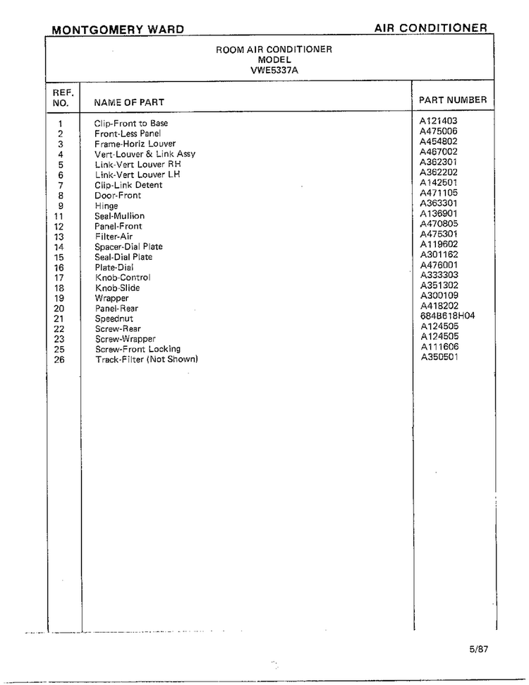 Room Air Conditioner Page 2 Diagram and Parts List for 5337A  Frigidaire Air Conditioner