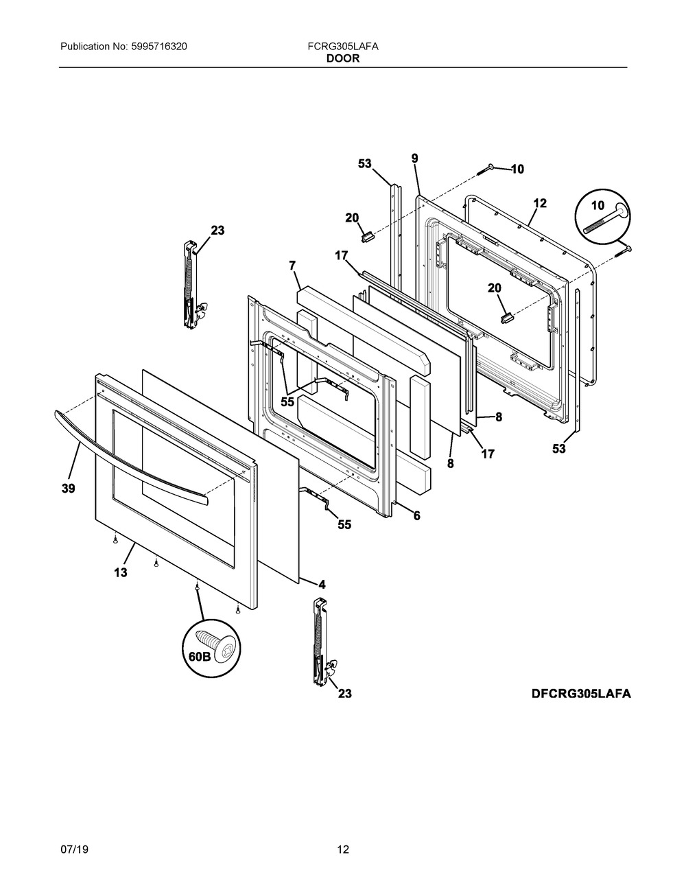 Door Diagram and Parts List for FCRG305LAFA  Frigidaire Range