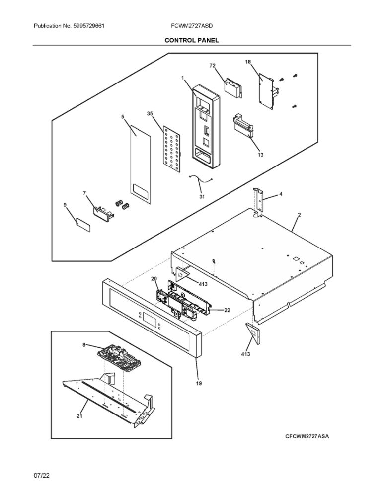 Control Panel Diagram and Parts List for FCWM2727ASD  Frigidaire Microwave Oven Combo