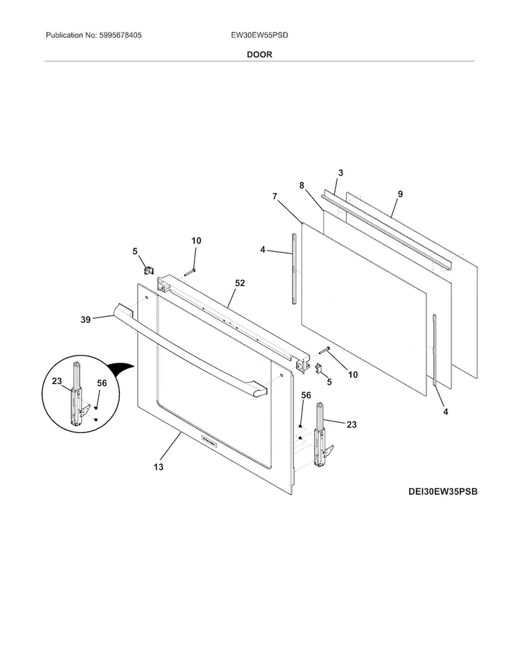 Door Diagram and Parts List for EW30EW55PSD  Electrolux Wall Oven