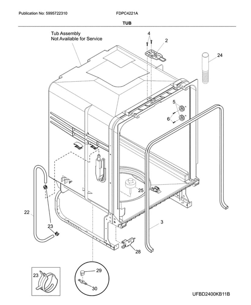 Tub Diagram and Parts List for FDPC4221AW0A  Frigidaire Dishwasher