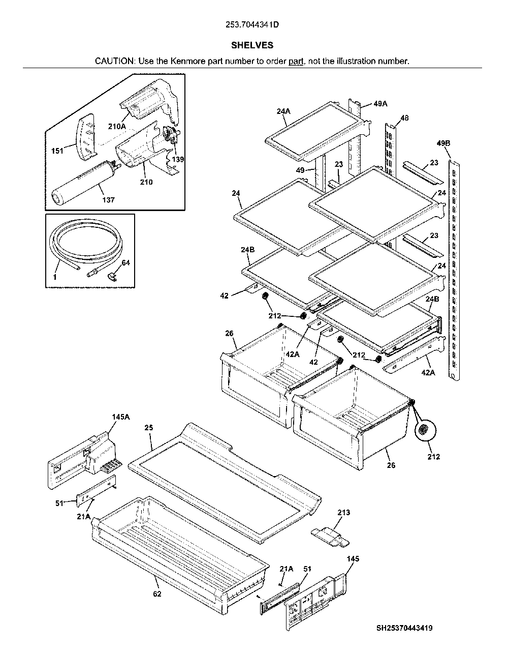 Shelves Diagram and Parts List for 2537044341D  Kenmore Refrigerator