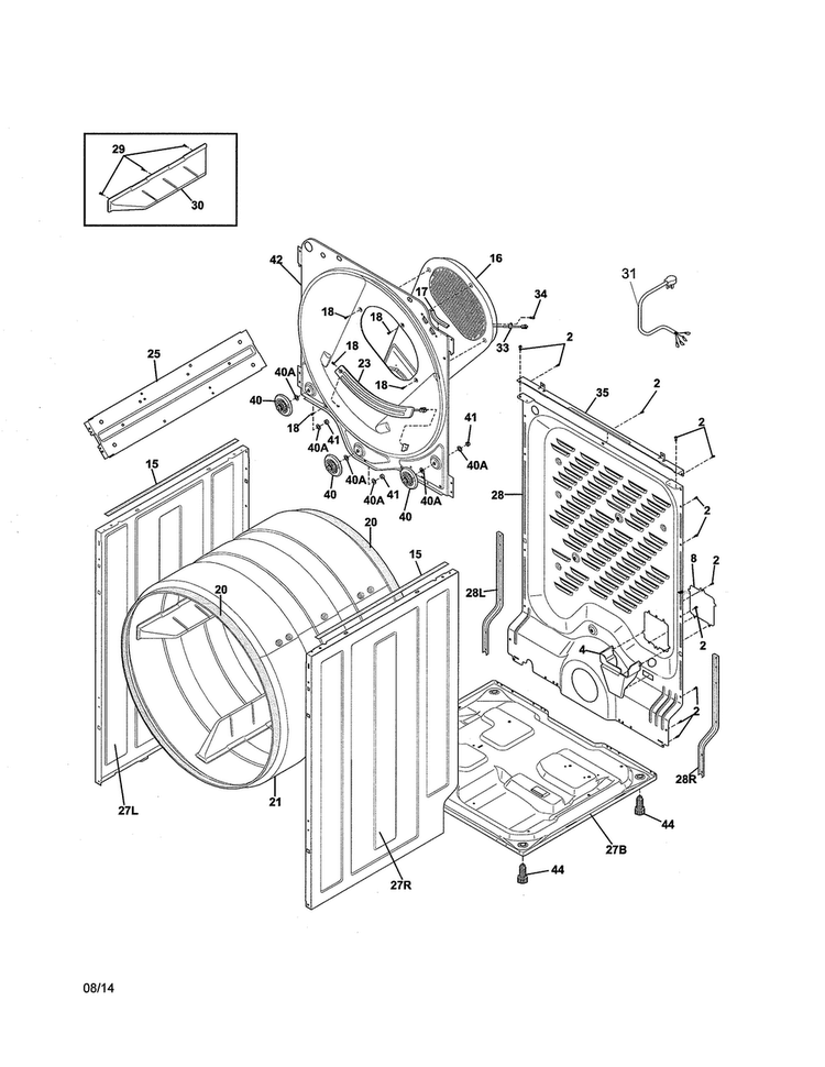 Cabinet/drum Diagram and Parts List for CFQE4000QW0  Frigidaire Dryer
