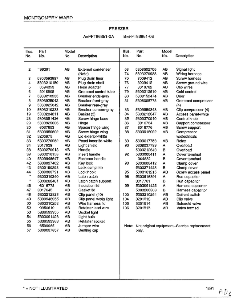 Freezer Page 2 Diagram and Parts List for 86851-0B  Frigidaire Freezer