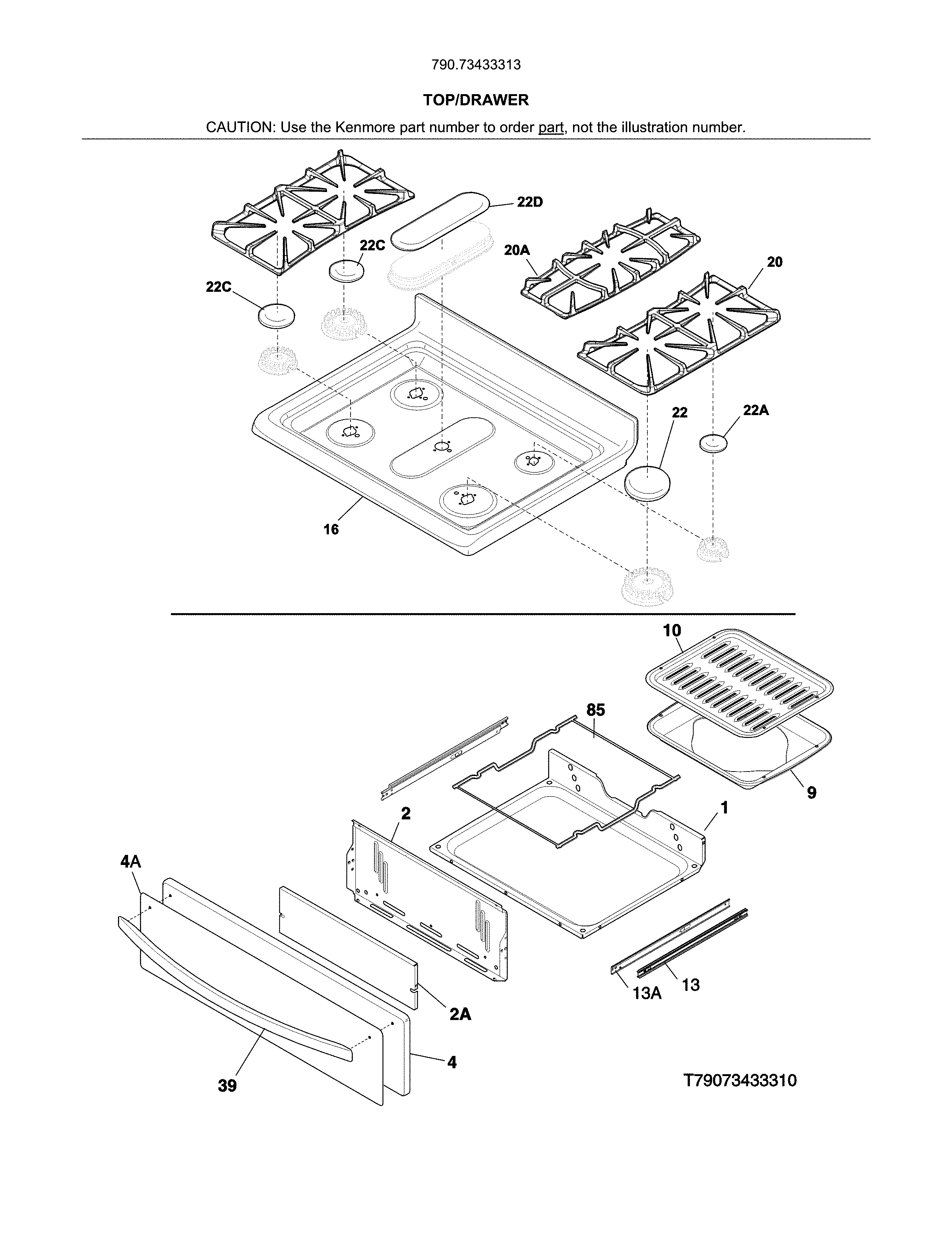 Top/drawer Diagram and Parts List for 79073433313  Kenmore Range