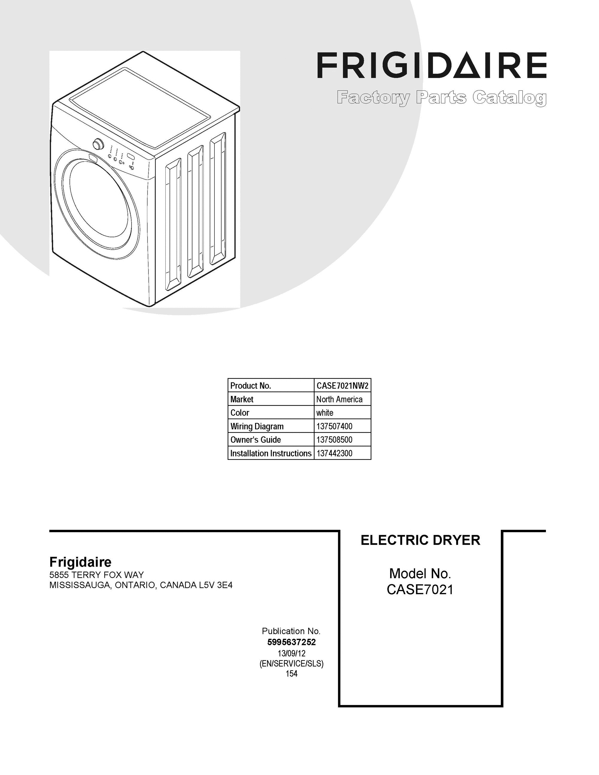 01 - COVER SHEET Diagram and Parts List for CASE7021NW2  Frigidaire Dryer