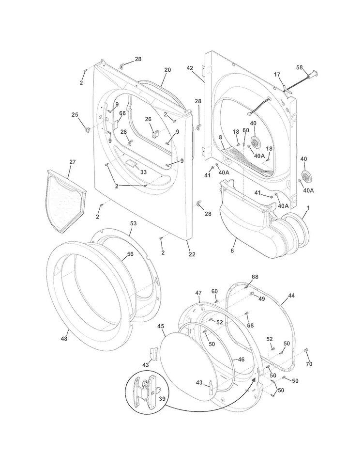 Front Panel/lint Filter Diagram and Parts List for FASE7073NA0  Frigidaire Dryer