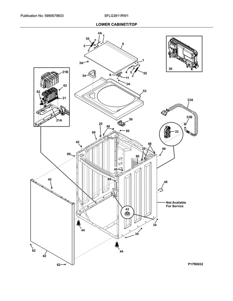Lower Cabinet/top Diagram and Parts List for SFLG3911RW1  Frigidaire Washer Dryer Combo