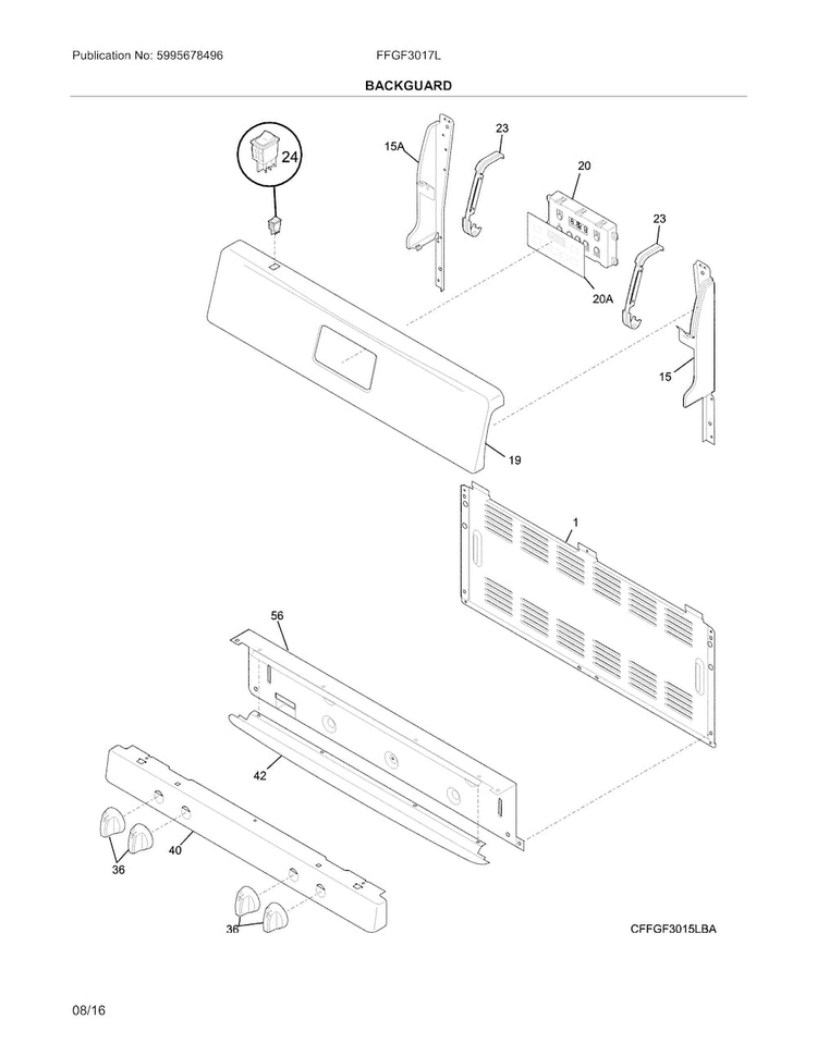 Backguard Diagram and Parts List for FFGF3017LWH  Frigidaire Range